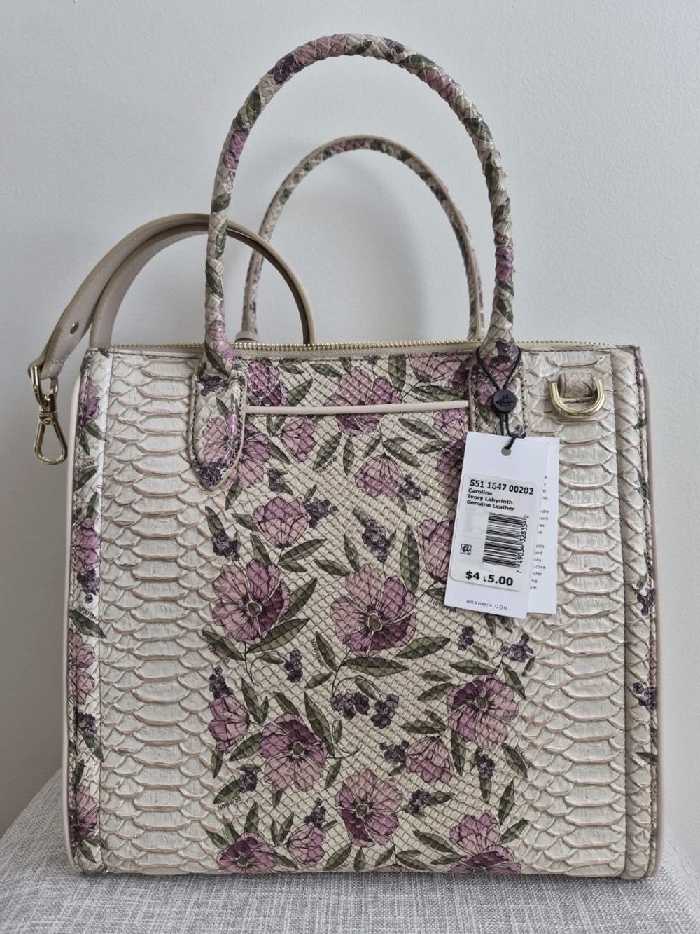 Brahmin Caroline Floral Satchel in Cream & Pink NWT
